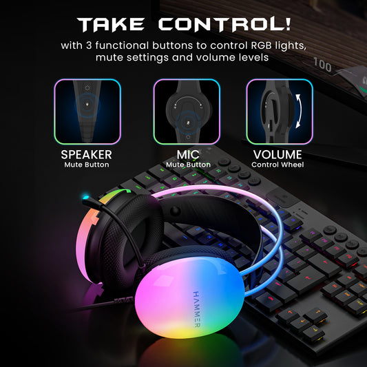 Hammer Blaze Wired Over Ear Gaming Headphones with Mic, 50mm Drivers, Full RGB Lights, C Type Connector for Phones, Gaming Headset with Adjustable Bands with USB (Black)