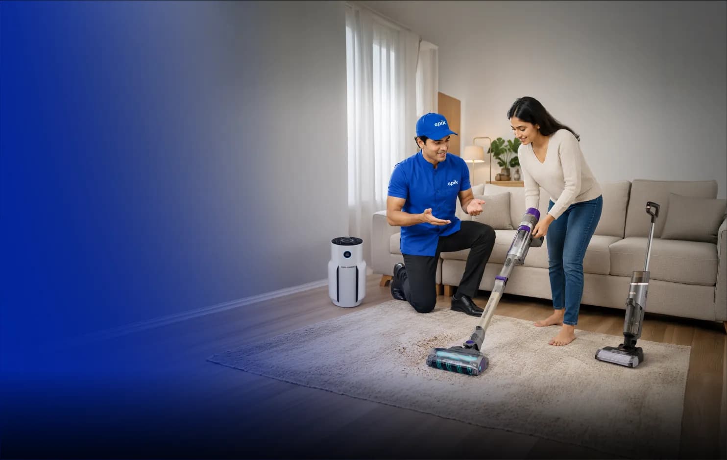 Epik expert demoing a cordless vacuum at home