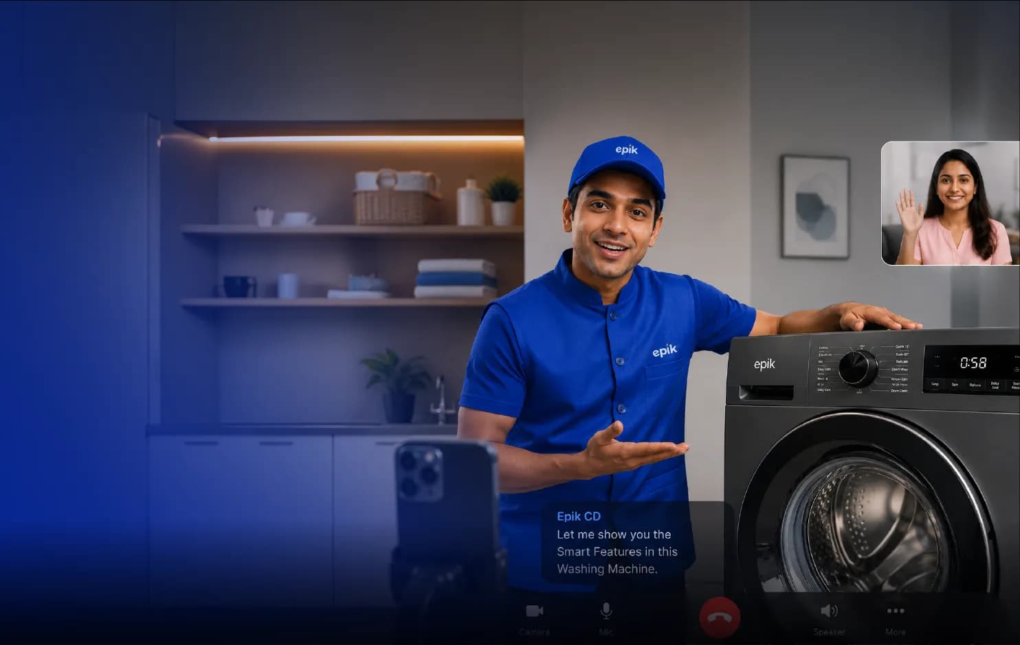 Epik expert showing a washing machine on a video call