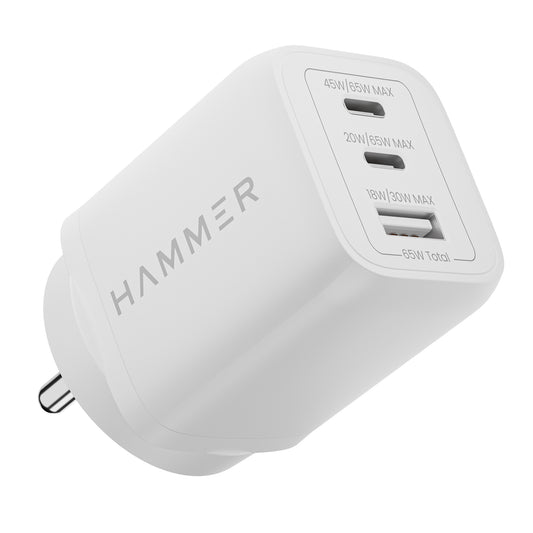 Hammer 65W GaN Fast Charger, iPhone 0 to 60% in 30 mins, Dual USB-C (Type C), Compatible with iPhone 16, 15, 14, 13, 12, MacBook Pro, MacBook Air, iPad, Samsung Mobiles, Made in Vietnam, 2 Yr Warranty