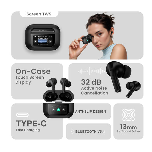 Hammer Screen TWS Bluetooth Earbuds, India's First TWS with On-Case Display, ANC+ENC Technology, Type-C Fast Charging, Bluetooth v5.4, Touch Screen and Find My Earbuds (Black)