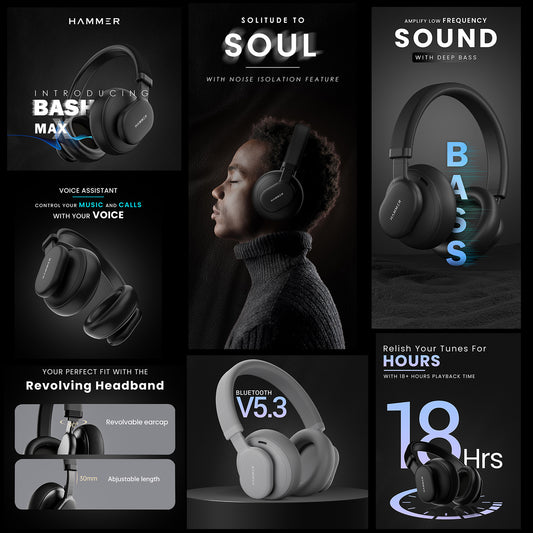 Hammer Bash Max Over The Ear Wireless Bluetooth Headphones with Mic, Touch Control, Deep Bass, Upto 18 Hours Playtime, Bluetooth 5.3, Workout/Travel (Cool Grey)
