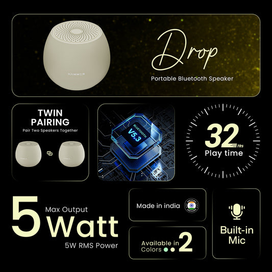 Hammer Drop 5W Bluetooth Wireless Speaker with Twin Pairing, 1200 mAh Battery, 100H StandBy Time, TWS Function, TF Card , USB Slot , Auto-Pairing, In-Built Mic, Type-C Charging, 52mm driver (Beige)