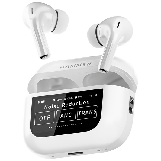 Hammer Screen TWS Bluetooth Earbuds, India's First TWS with On-Case Display, ANC+ENC Technology, Type-C Fast Charging, Bluetooth v5.4, Touch Screen and Find My Earbuds (White)