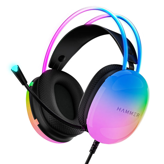 Hammer Blaze Wired Over Ear Gaming Headphones with Mic, 50mm Drivers, Full RGB Lights, C Type Connector for Phones, Gaming Headset with Adjustable Bands with USB (Black)