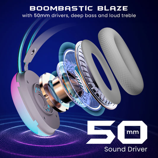 Hammer Blaze Wired Over Ear Gaming Headphones with Mic, 50mm Drivers, Full RGB Lights, C Type Connector for Phones, Gaming Headset with Adjustable Bands with USB (Cyan)