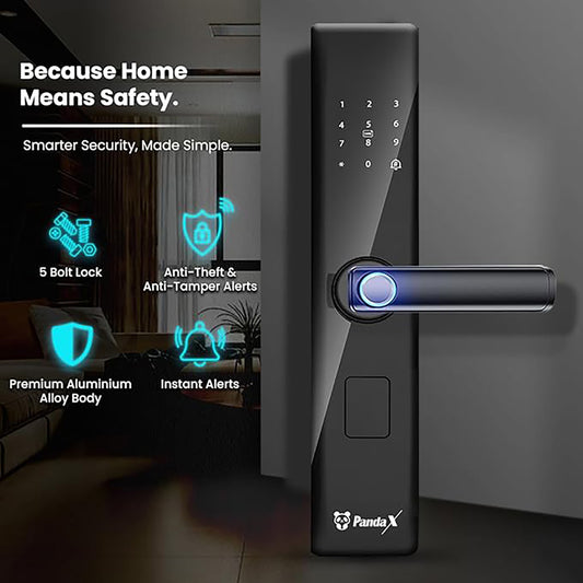 PandaX Smart Door Lock | 6-in-1 Entry with Fingerprint, WiFi App, PIN Code, RFID, OTP & Key | Digital Lock for Main Door & Wooden Doors | 2 Year Warranty | Matte Black